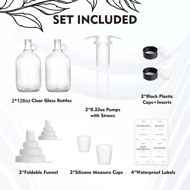 TTDMK 2 Pcs Glass Liquid Laundry Detergent Dispenser - One Gallon Fabric Softener Liquid Dispenser for Laundry Room (128 oz Each), Laundry Soap Dispenser - Includes Labels, Funnel, and Measuring Cups - Image 3